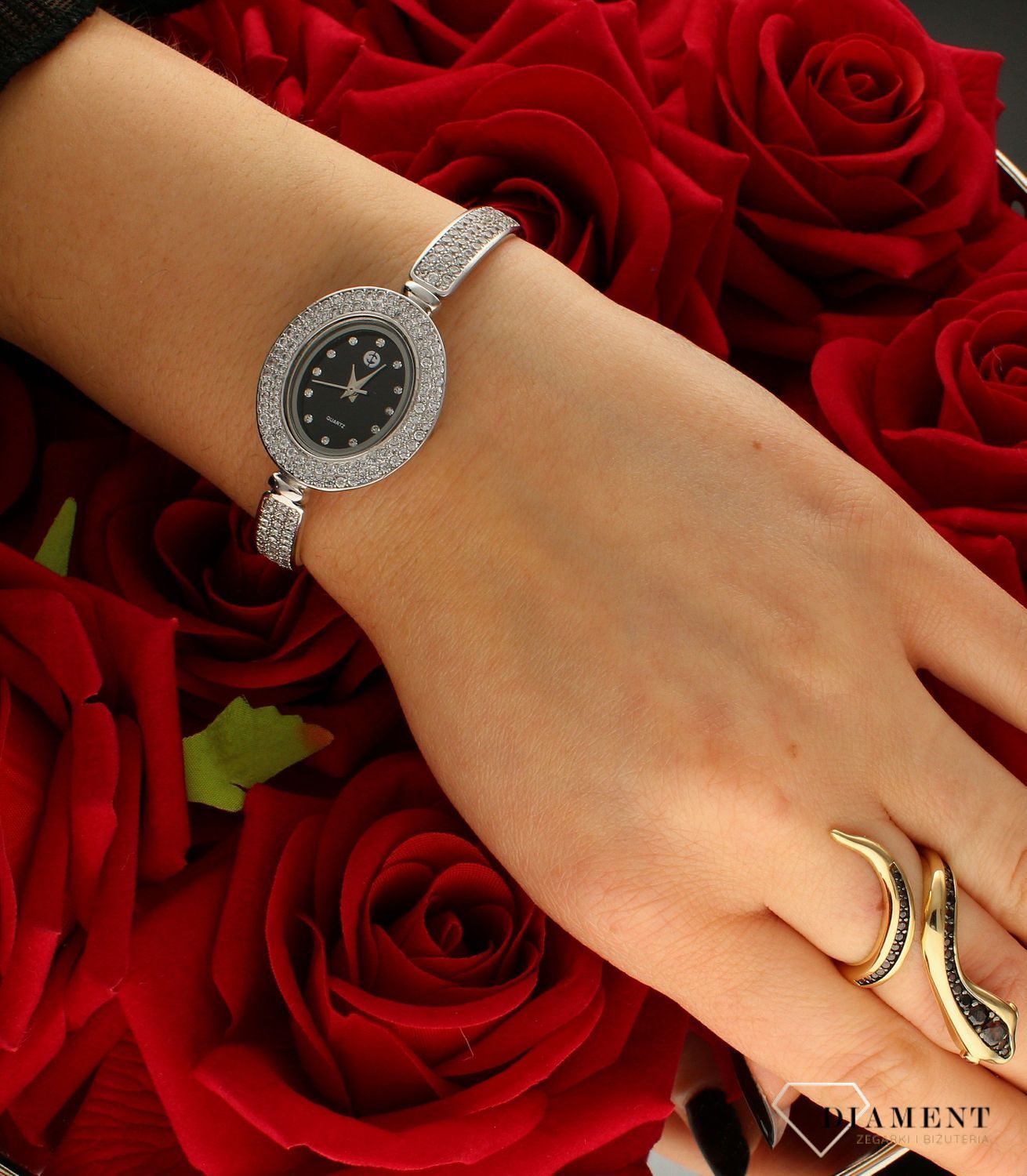 Zegarek damski srebrny z czarną tarczą i cyrkoniami 925 'Czarny Owal' (6).jpg